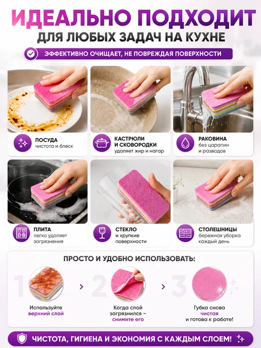 Губка для посуды многослойная микрофибра набор для уборки, вариант, фото 2