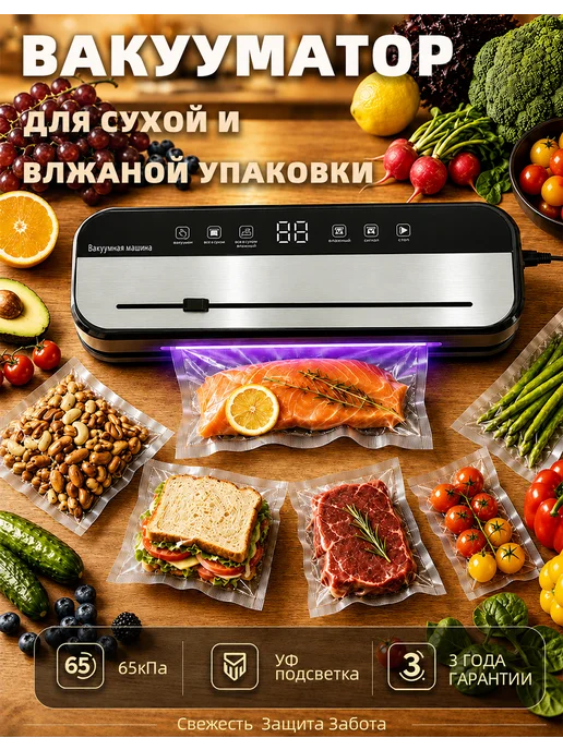 Вакуумный упаковщик для сухих и влажных продуктов 20 пакетов, черный, фото 2