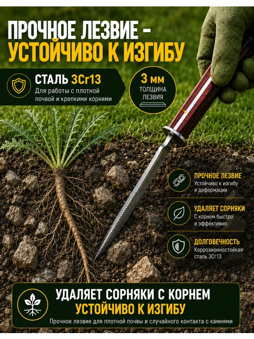 Корнеудалитель сорняков садовый нож для огорода и дачи, вариант, фото 5