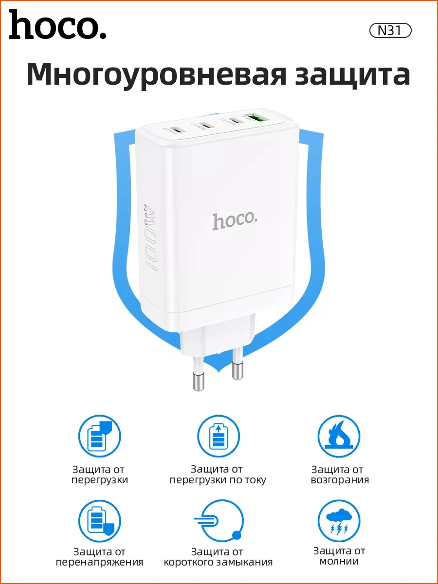 Быстрое сетевое зарядное устройство блок питания Hoco 100W — фото 6