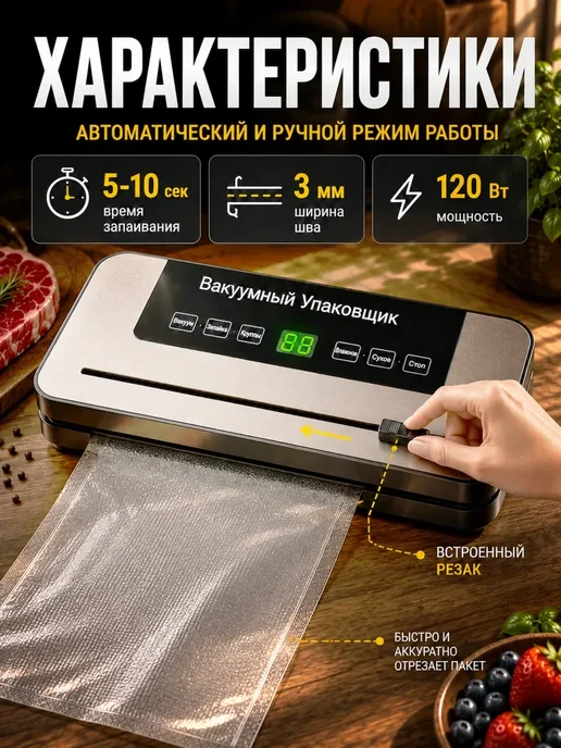 Вакууматор для продуктов с запайкой пакетов и резаком мощный, вариант, фото 2