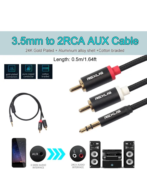 3.5mm Jack-Male в 2 RCA AUX кабель хлопковый, 0.5м, 0,5 м, фото 2