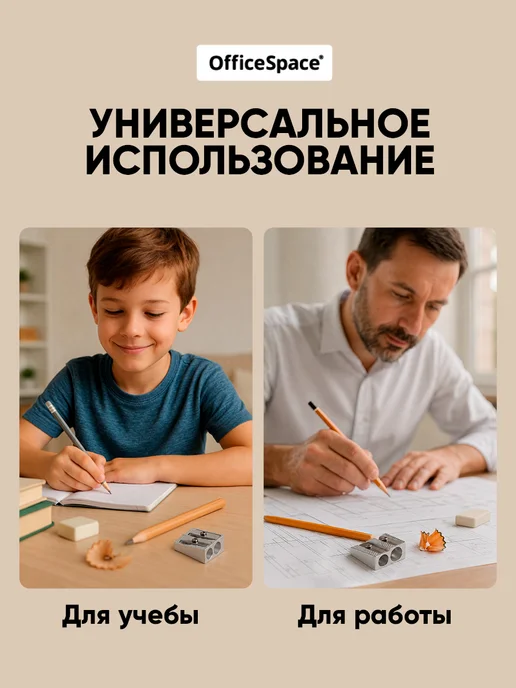 OfficeSpace Точилка для карандашей 2 отверстия школьная металлическая, вариант, фото 5