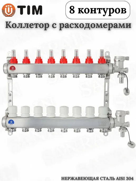 TIM Коллекторная группа с расходомерами на 8 контуров 1"х3 4", вариант