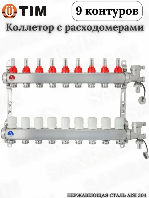 TIM Коллекторная группа с расходомерами на 9 контуров 1"х3 4", вариант