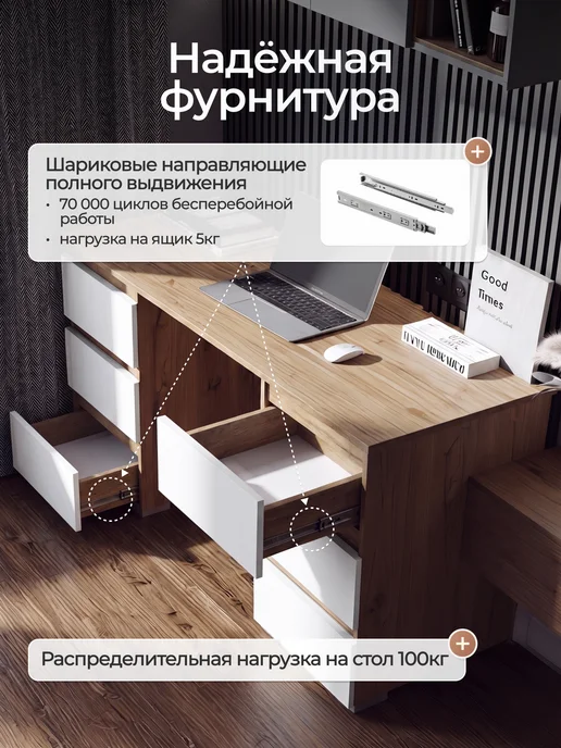 Сурская мебель Стол письменный компьютерный с ящиками Люмо, 142х73х50 см, вариант, фото 5