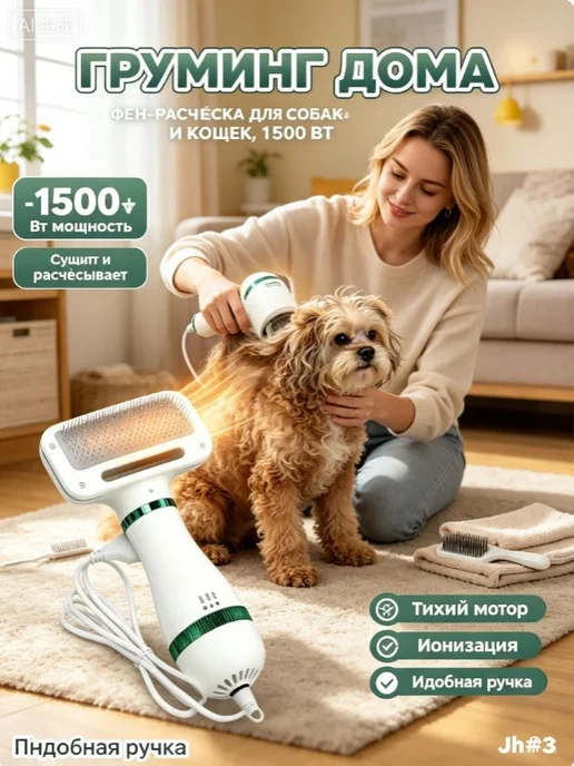Ионная фен-расчёска для собак и кошек мощностью 1500 Вт 2 в, 1500 Вт