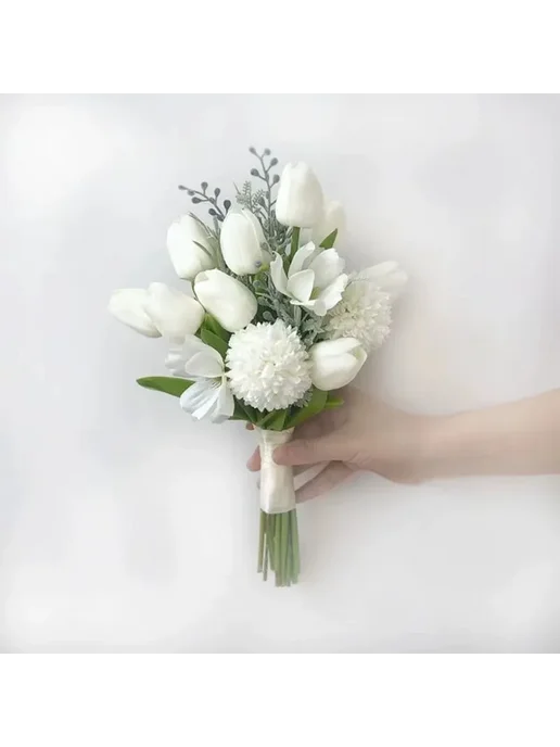 perfectlifeoh Букет невесты из тюльпанов и хризантем, белый, Color B, белый