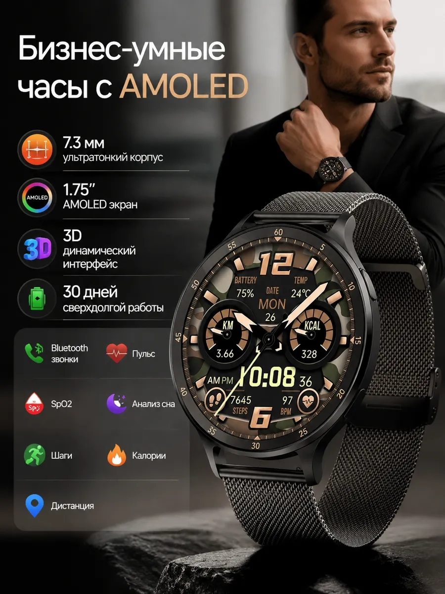 Samsung Умные часы деловые с 1.75 AMOLED и 30 днями контролем пульса
