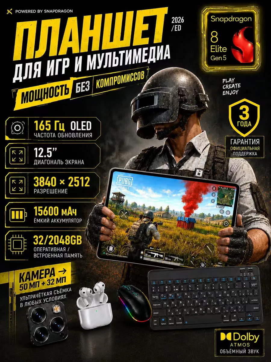 Планшет андроид 32 2048 ГБ 12,5″ 4K OLED Snapdragon 8 Gen 5