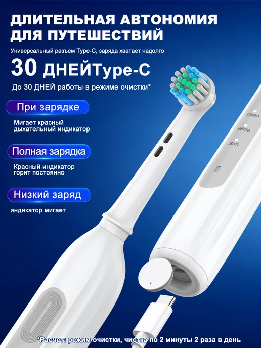 Электрическая зубная щетка взрослая с 8 насадками, белая, белый, фото 5
