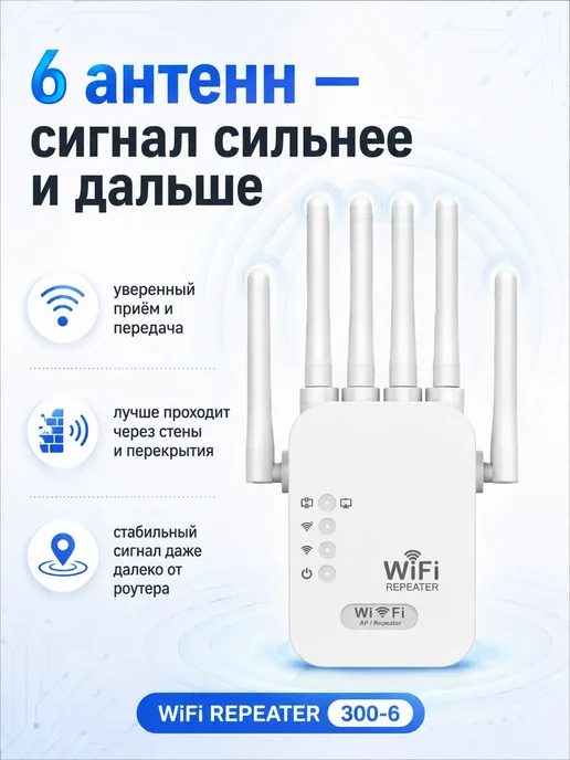 Усилитель Wi-Fi сигнала репитер 6 антенн, 300 Мбит с, белый, фото 2