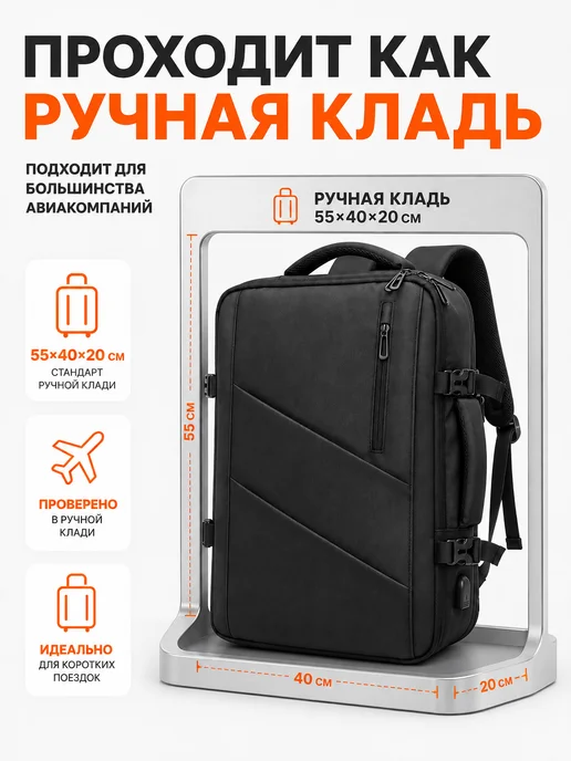 FORPOST Рюкзак городской дорожный трансформер ручная кладь большой, черный, фото 3