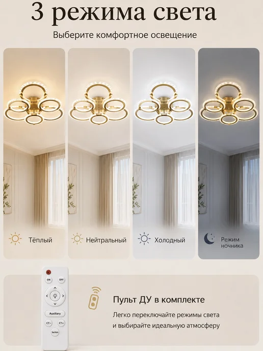 Люстра потолочная светодиодная с пультом LED, желтый, фото 3