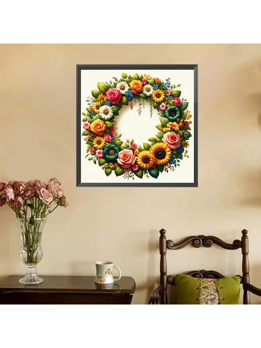 Картина алмазная цветы подсолнух и роза 35x35см DIY, 35x35 см, фото 2