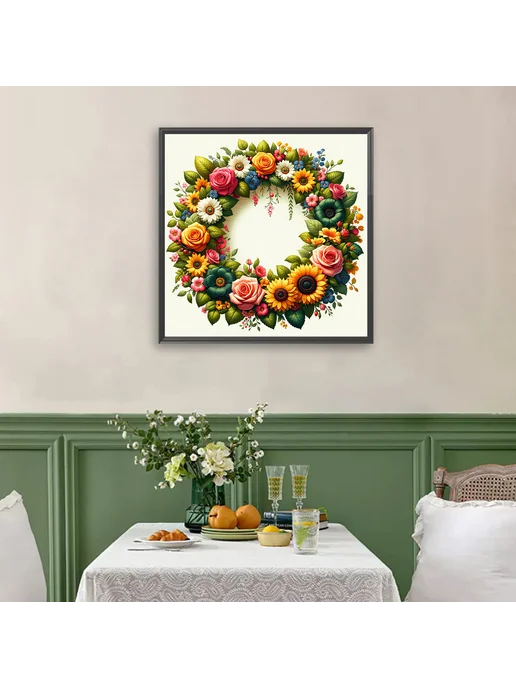 Картина алмазная цветы подсолнух и роза 35x35см DIY, 35x35 см, фото 3