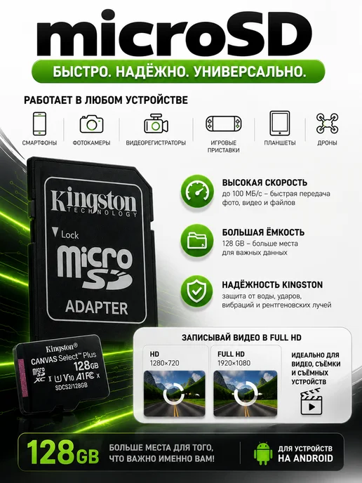 САЛ100 Карта памяти Kingston MicroSD 128 ГБ с SD-адаптером, 128 ГБ, фото 2