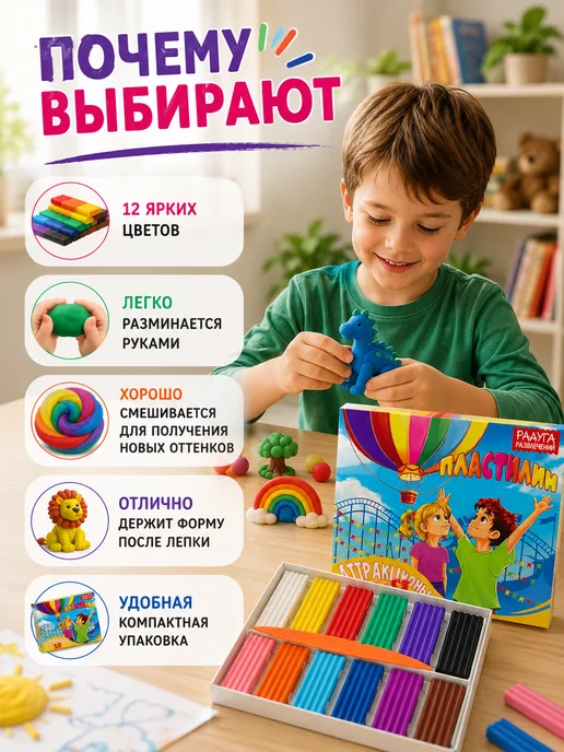 Черная роза Пластилин для школы 12 цветов классический, 12 цв., фото 2