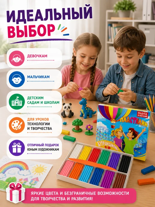 Черная роза Пластилин для школы 12 цветов классический, 12 цв., фото 4