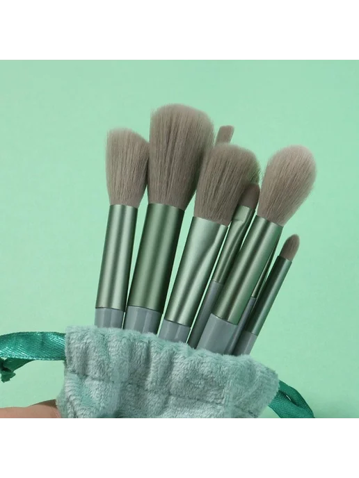 Набор кистей для макияжа 13 шт, зелен - Green with cloth bag, 13 шт, фото 3