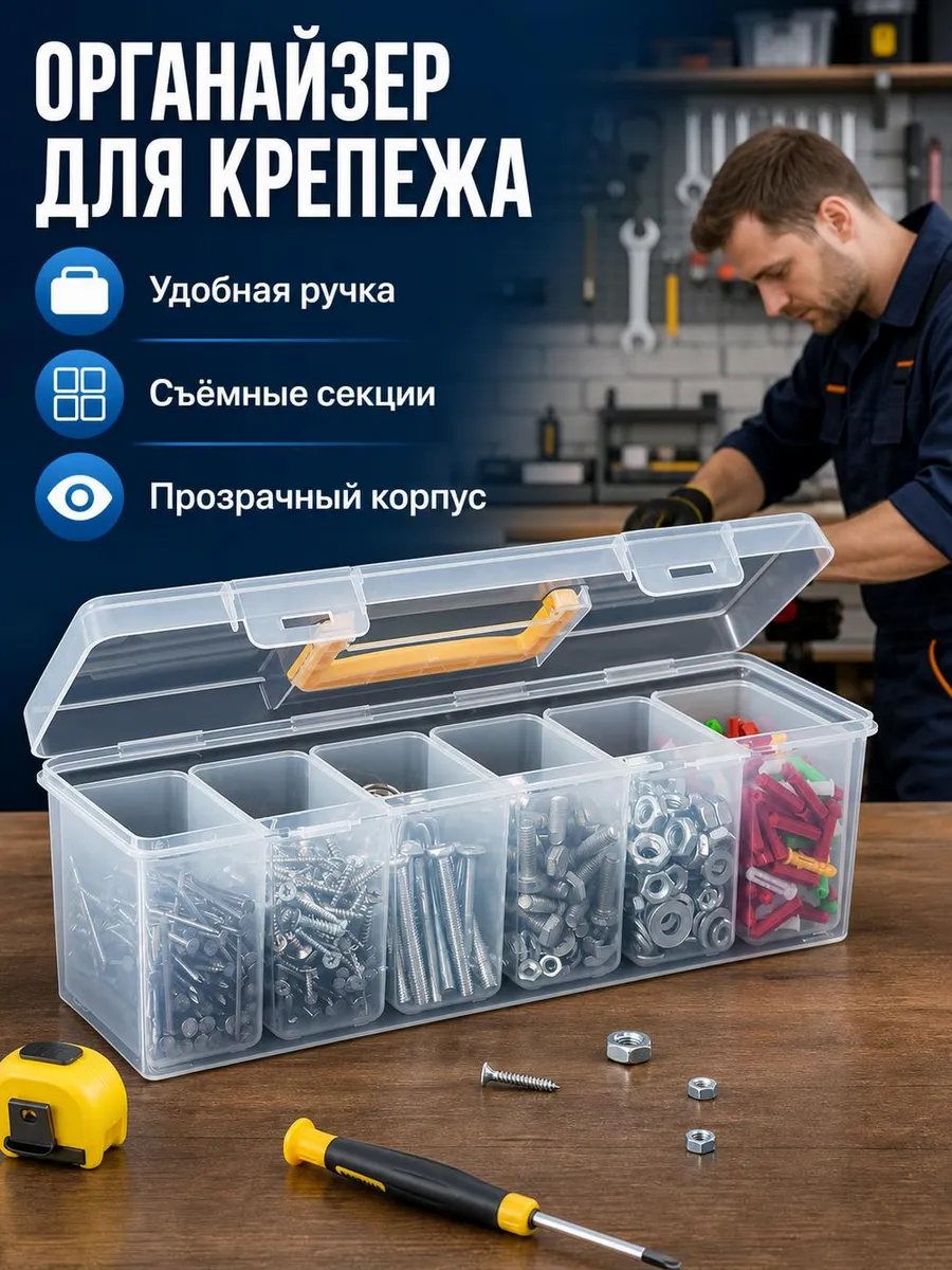 Контейнер для хранения инструментов с отсеками, 23x8.5x9 см