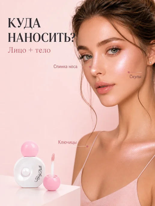 PrettyGirl Хайлайтер для лица и тела жидкий белый сияющий, розовый, фото 2