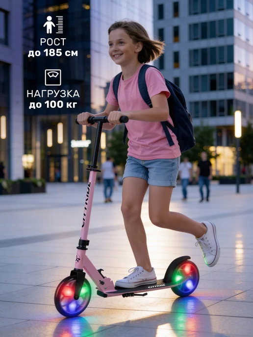 City-Ride Самокат двухколесный 200 200 складной с подсветкой колес, розовый, фото 7
