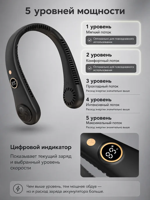 Вентилятор портативный беспроводной на шею, черный, фото 3