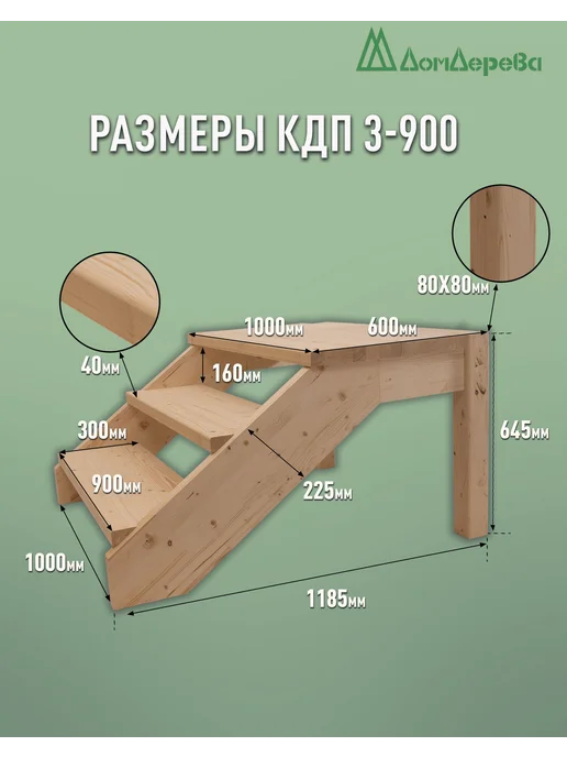 дом дерева Крыльцо для дома 1000х1185х645мм сосна КДП3-900, 1000x1185x645 мм, фото 2