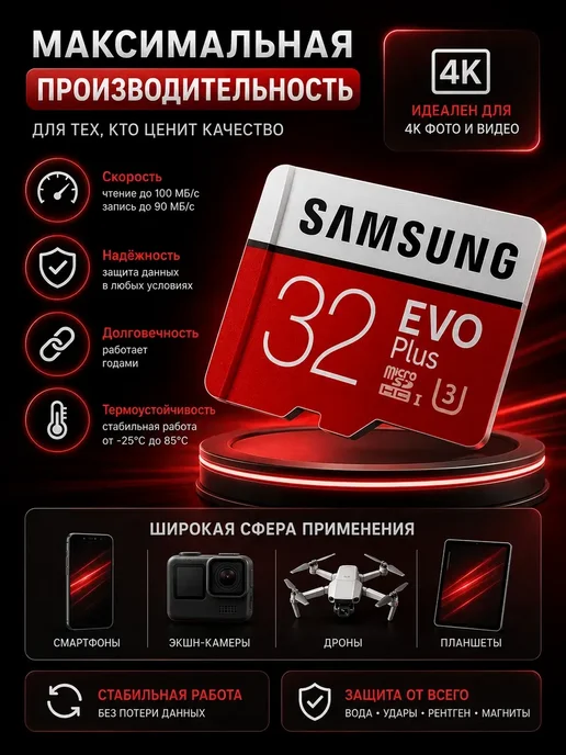 кану01 Флешка 32 гб микро sd для регистратора u3 v30 с адаптером, 32 ГБ, фото 4