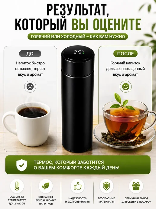 Кани9 Термос с датчиком температуры 0.5 л, 500 мл, черный, фото 4