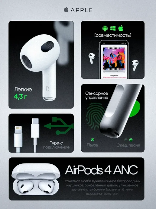 Apple Беспроводные наушники AirPods 4 ANC с шумоподавлением, белый, фото 4