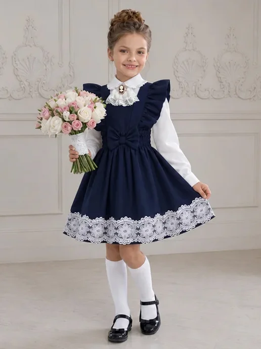 Stefania Сарафан школьный синий с кружевом нарядный форма, синий, фото 3