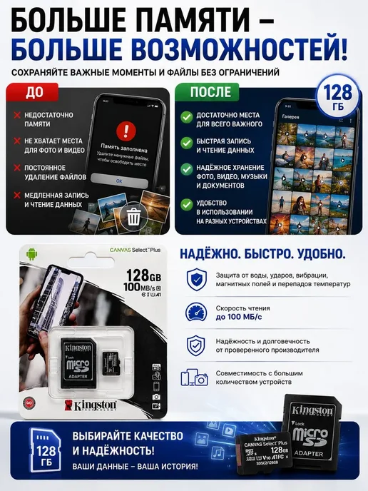 БЖ1 Карта памяти microSD 128 ГБ Class 10 UHS-I с адаптером SD, 128 ГБ, фото 4