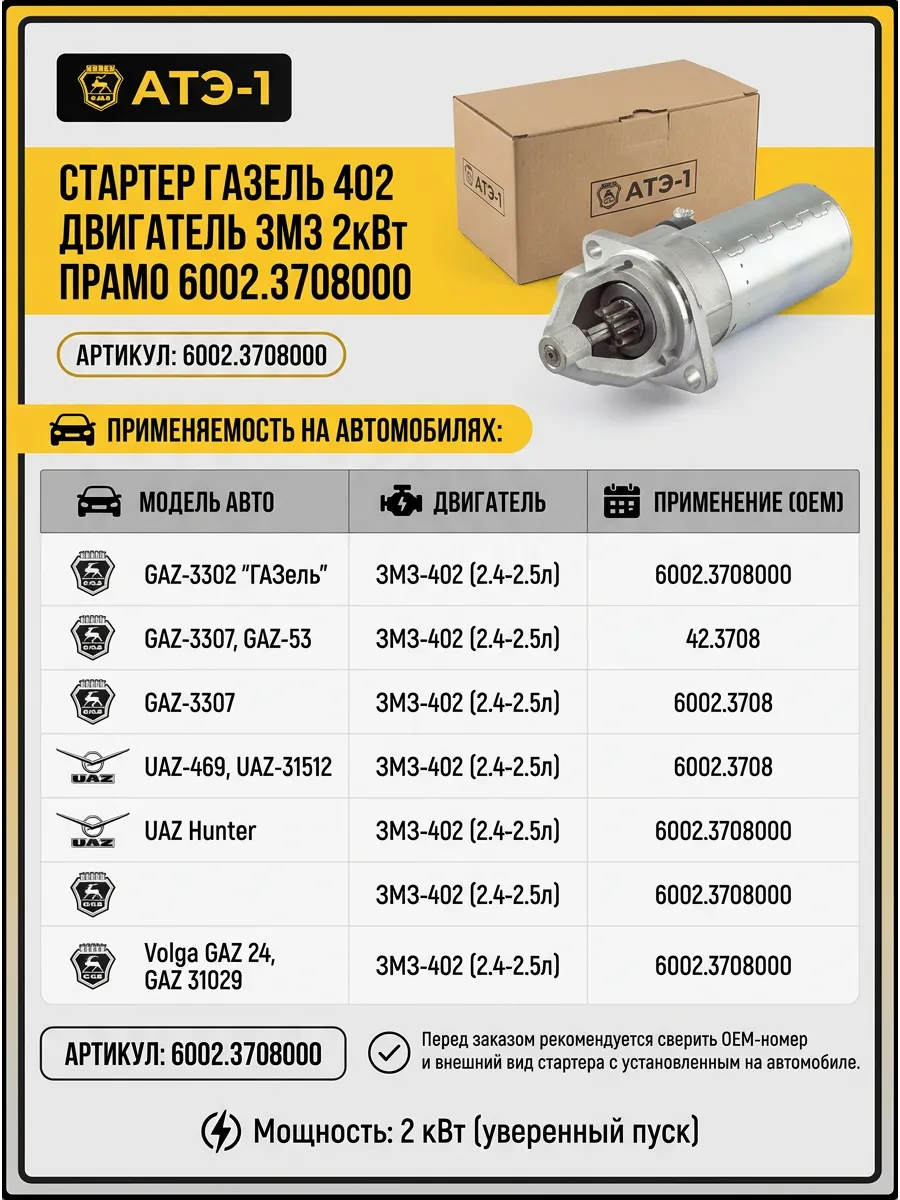 Стартер редукторный 6002.3708 для ЗМЗ-402 и УМЗ ГАЗель