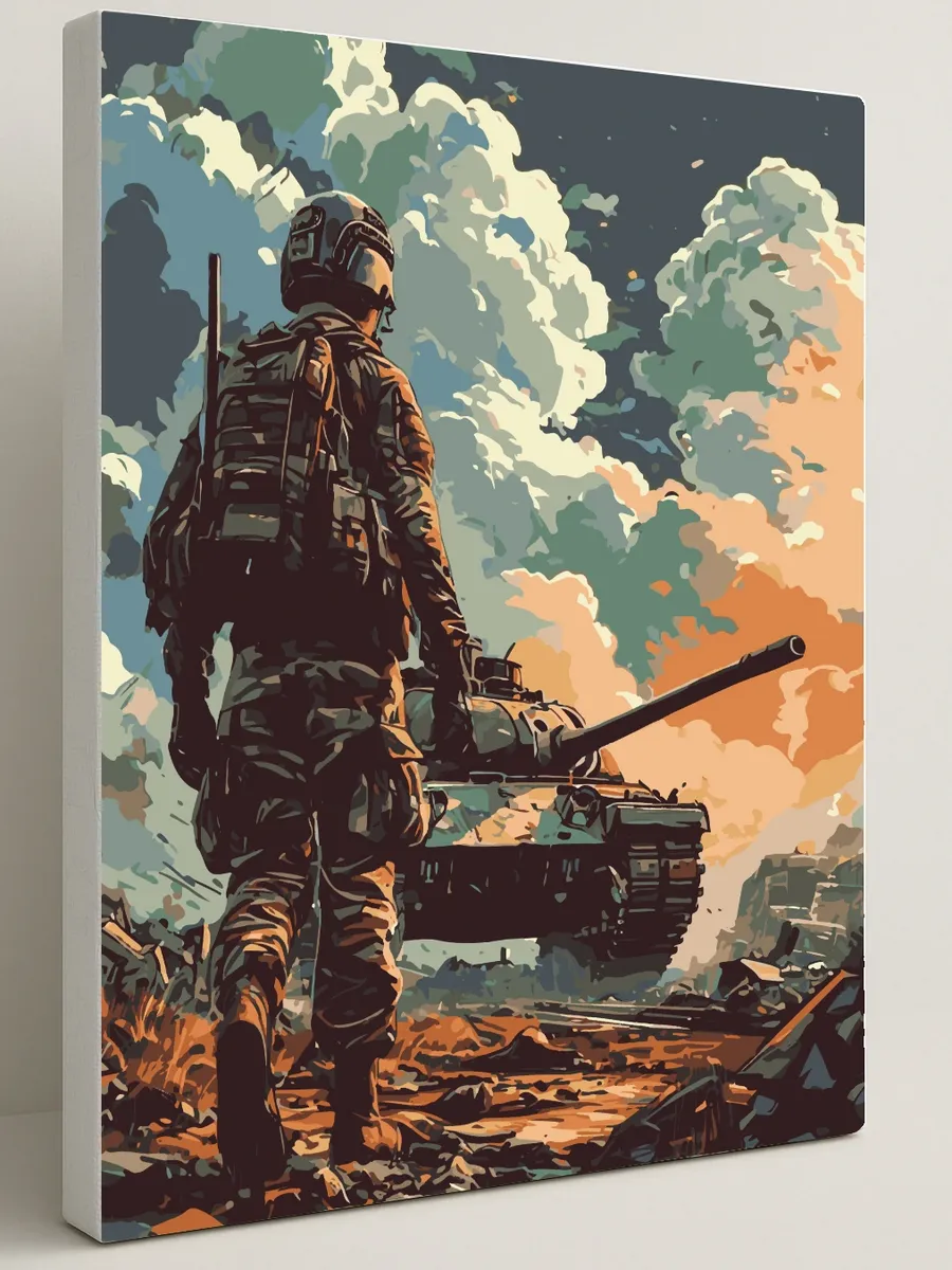 Картина по номерам - Солдат у танка в шлеме — 40×50 см