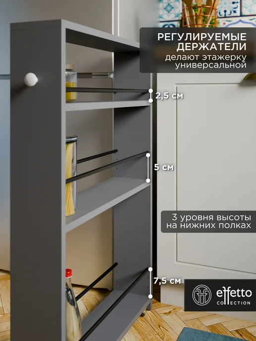 Effetto collection Этажерка (стеллаж) для кухни на колесиках узкая графит, серый, фото 5