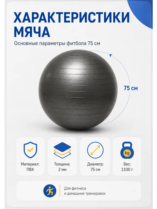 Фитбол 75см с насосом мяч для фитнеса, черный, фото 2