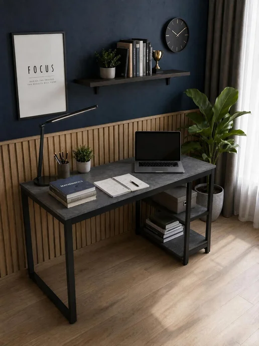 BoldLoft Стол лофт 130 х 60 см компьютерный темный бетон 2 полки, 130x60 см, фото 8