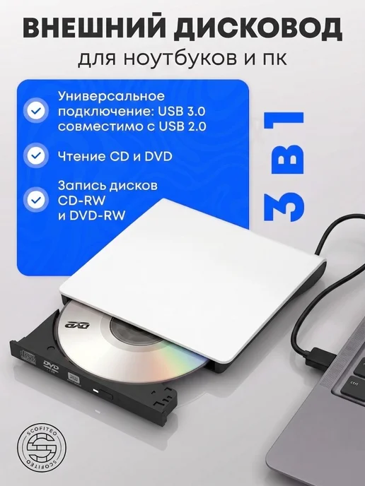 Дисковод для ноутбука внешний, dvd привод CD DVD-RW USB 3.0, вариант