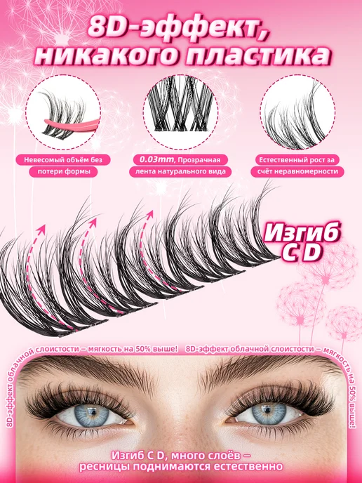 PROLASHBEAUTY Накладные ресницы пучки многослойный 8D-эффект с клеем 6 в 1…, черный, фото 3