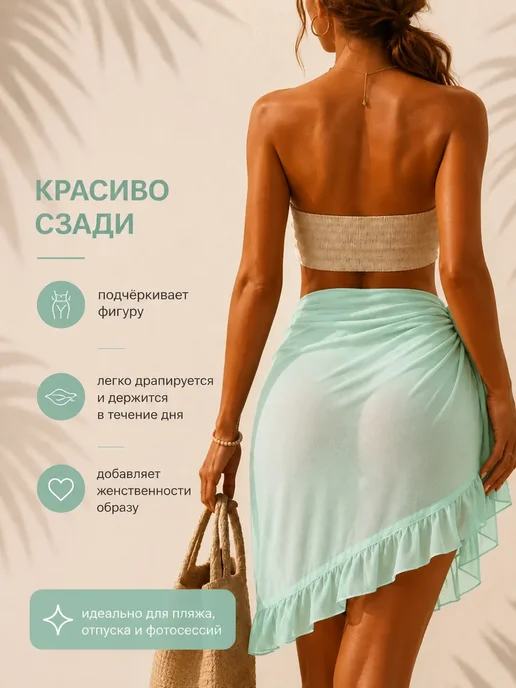 NoahNuh Парео пляжное шифоновое короткое, юбка-накидка на купальник, голубой, фото 3