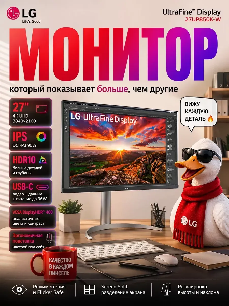 LG Монитор 27UP850K-W, UHD 4K IPS