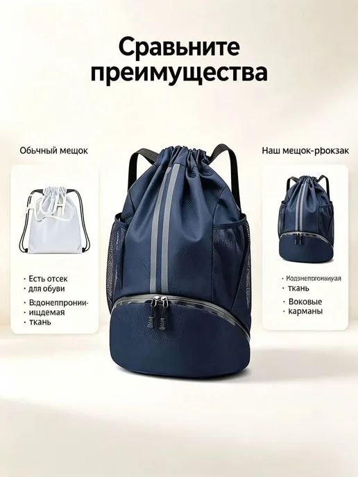 Сумка-рюкзак для сменной обуви, непромокаемая, синий, фото 4