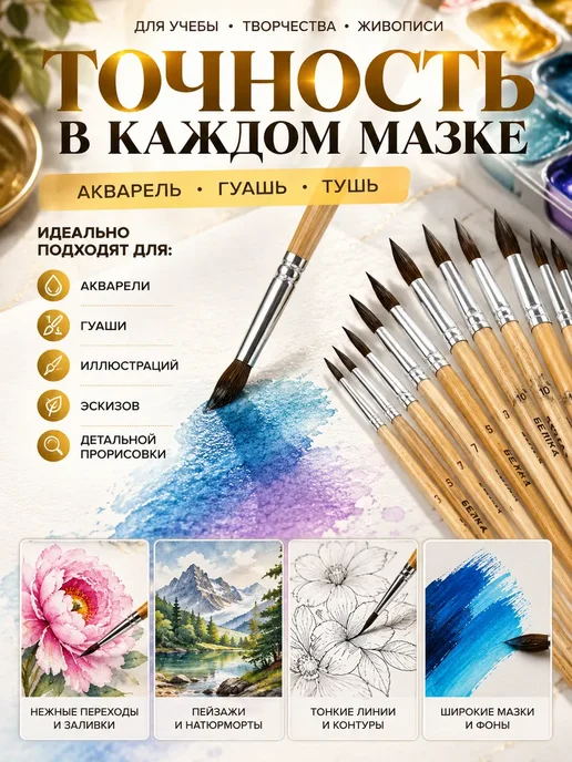 MissX Набор кистей белка художественные 12 шт круглые, 12 шт, фото 4