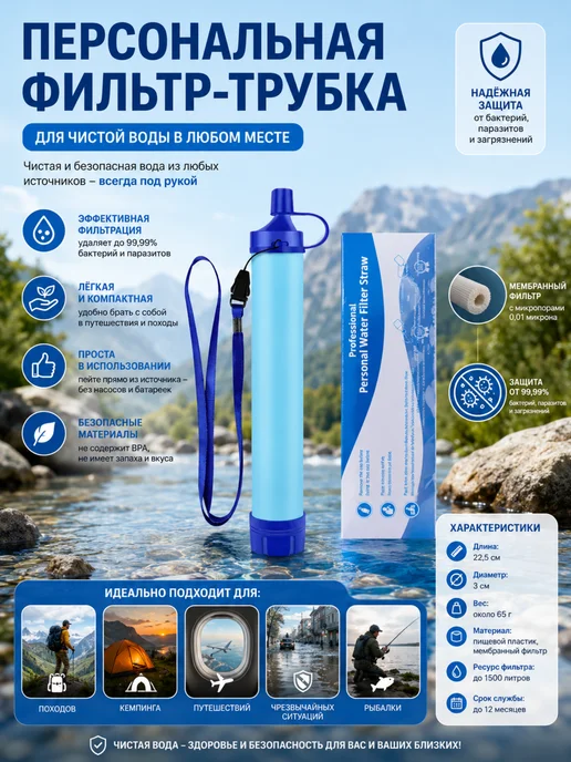 Фильтр для воды походный, голубой