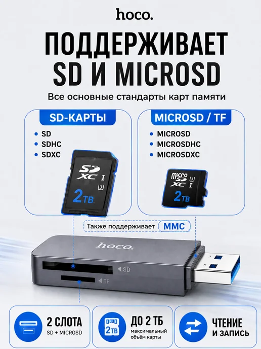 hoco. Картридер HB45 2-в-1 USB 3.0 для SD и MicroSD, вариант, фото 3