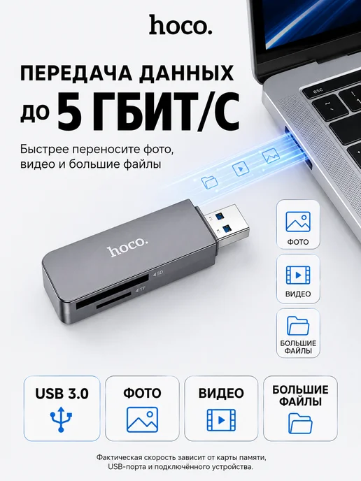 hoco. Картридер HB45 2-в-1 USB 3.0 для SD и MicroSD, вариант, фото 4