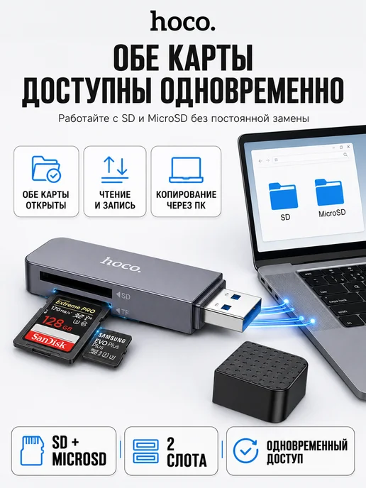 hoco. Картридер HB45 2-в-1 USB 3.0 для SD и MicroSD, вариант, фото 5