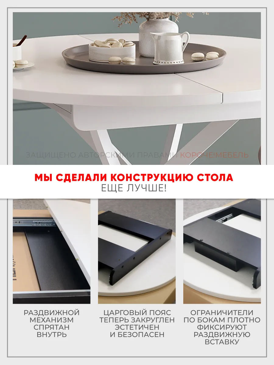 Стол кухонный круглый раздвижной Веста 100 см, Белый матовый, белая царга